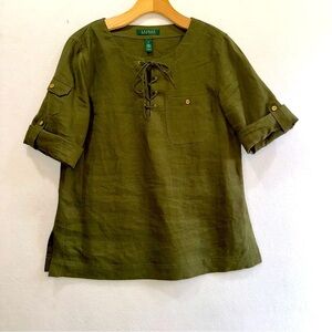 Lauren Ralph Lauren Olive Green Linen Top Roll Sleeve Cargo Lace Up Med